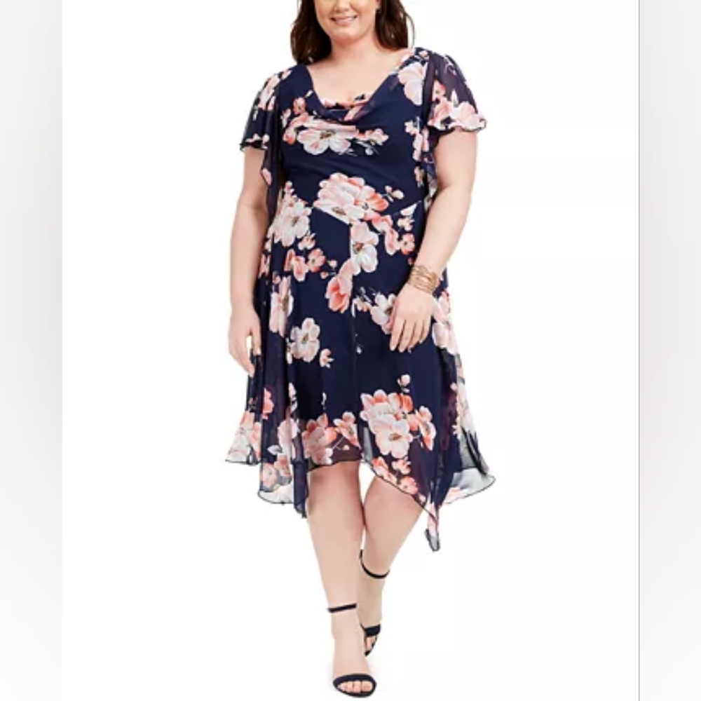 Robbie Bee Cowlneck Floral-Print Chiffon Flutter Dress